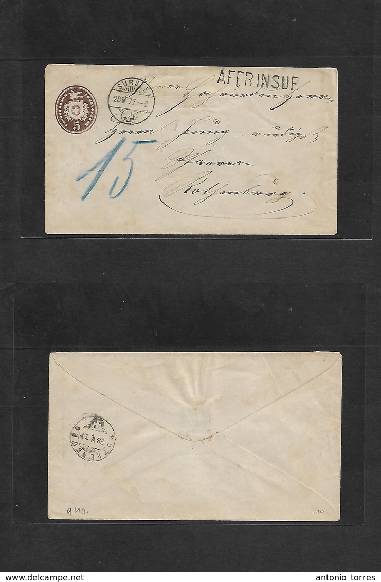 Switzerland - Stationery. 1877 (28 May) Sursee - Rothenburg (28 May) 5c Red Early Stat Env + "Affr. Insuf" + Mns Tax. Fi - Other & Unclassified