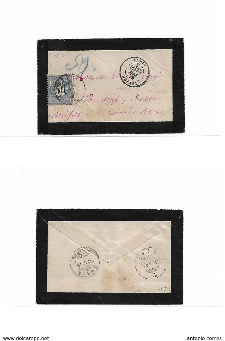 Switzerland. 1879 (25 May) France, Paris - Busswyl (28 May) Unfranked Env + Taxed + Early Swiss P. Due 50c, Blue Tied Cd - Other & Unclassified