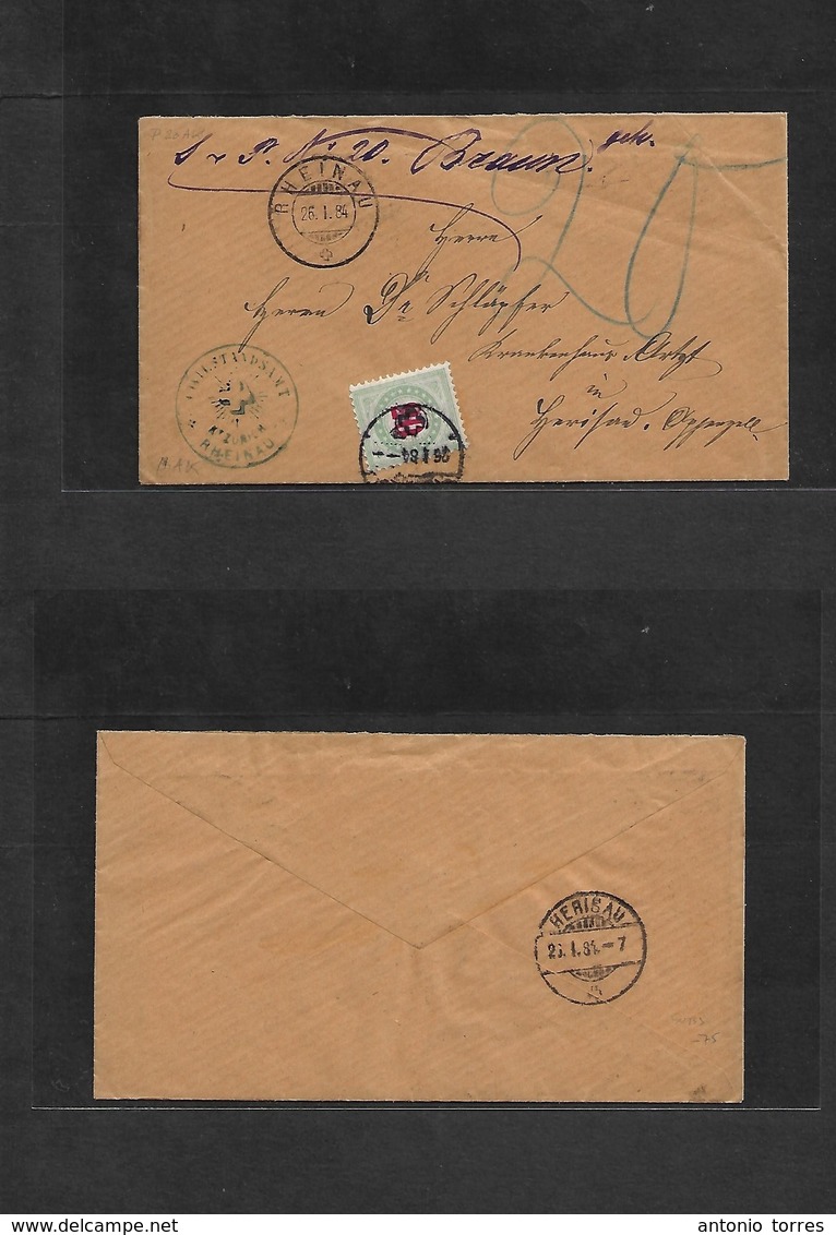 Switzerland. 1884 (26 Jan) Rheinau - Herisau. Unfranked Envelope + Taxed + Arrival. Swiss P. Due 20c Light Blue Green Cd - Other & Unclassified