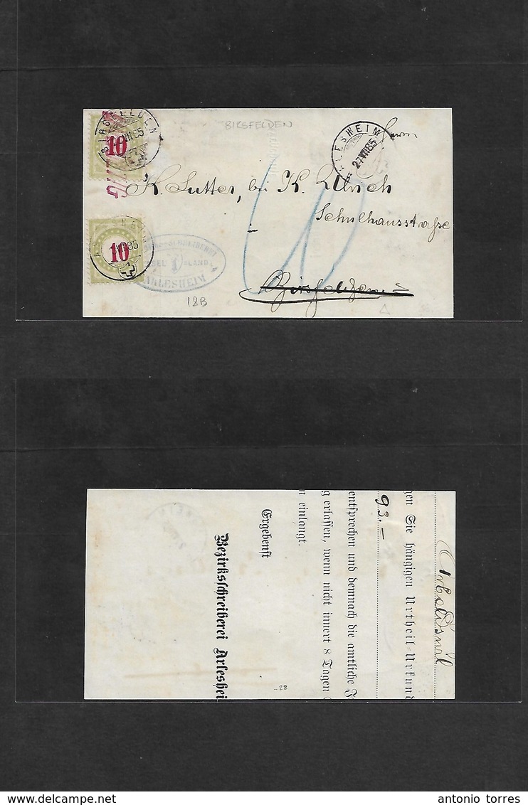 Switzerland. 1885 (27 July) Arlesheim - Birsfelden (28 July) Unfranked Cover Front, Taxed + Arrival Swiss P. Dues (x2) 1 - Autres & Non Classés