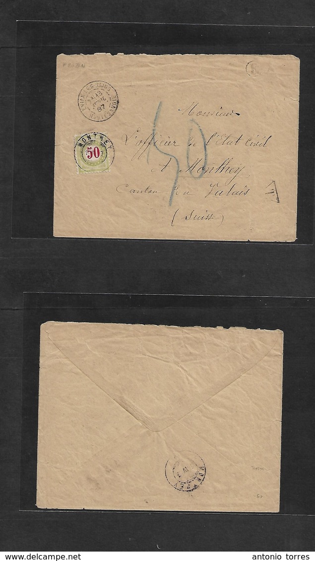 Switzerland. 1887 (13 April) France, Evian Les Bains - Monthey (18 Apr) Multifkd Envelope + Taxed With Earlly Swiss Post - Autres & Non Classés