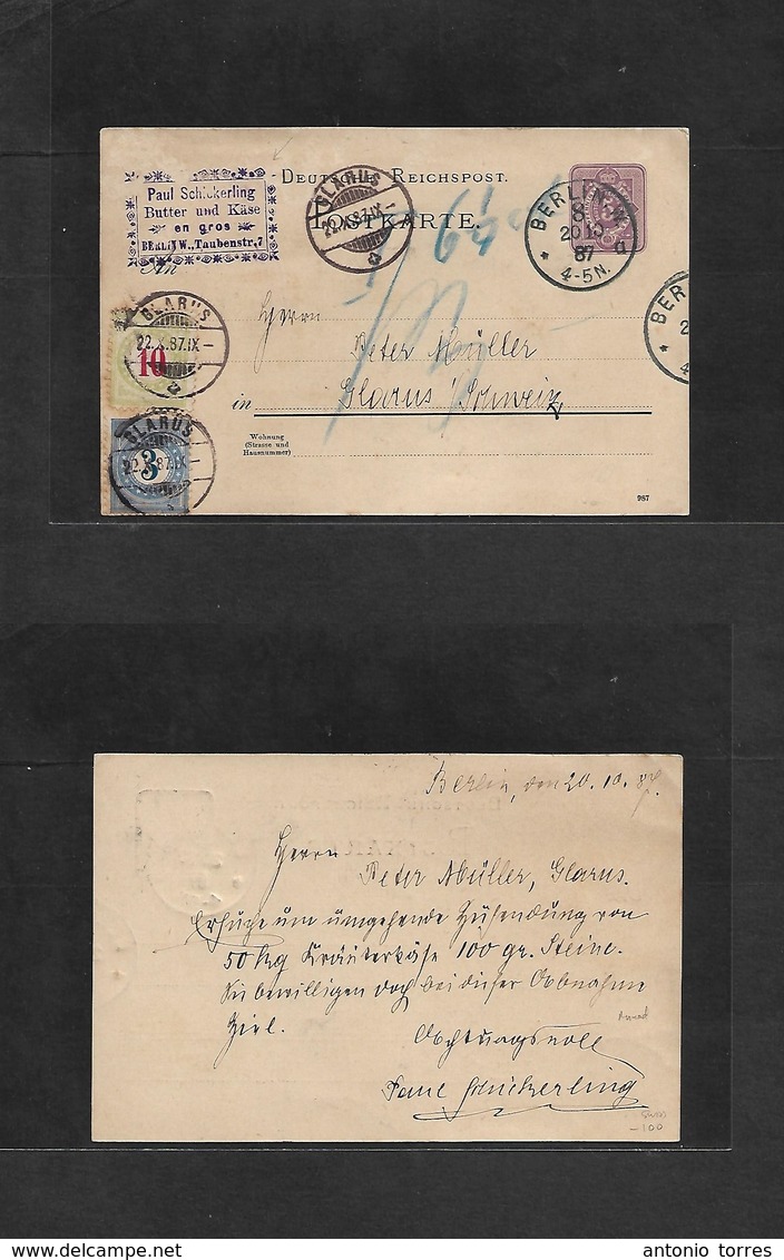 Switzerland. 1887 (20 Oct) Germany, Berlin - Glarus (22 Oct) 5pf Lilac Stat Card, Taxed + (x2) Swiss Postage Dues Mixed  - Otros & Sin Clasificación