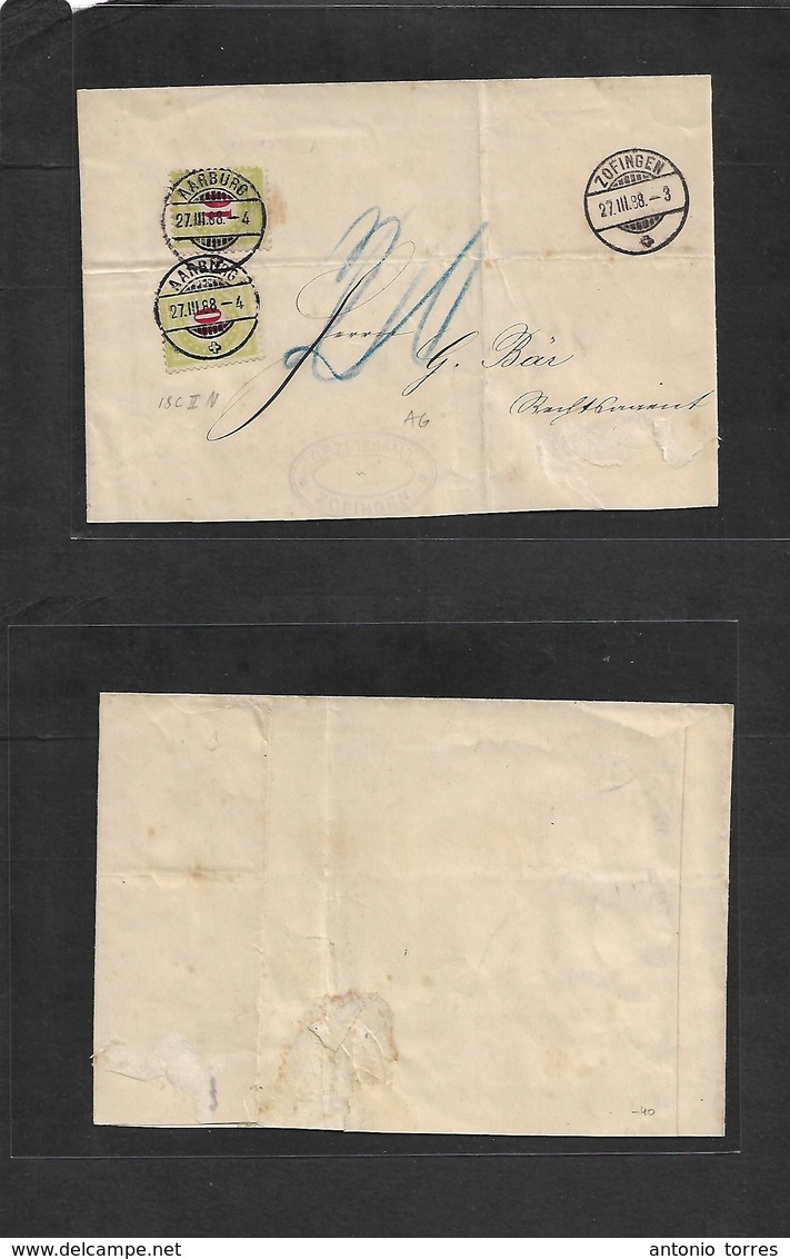 Switzerland. 1888 (27 March) Zofinden - Aarburg. Unfkd Env + Taxed + 2 Early Swiss P. Dues 10c Red / Yellow Green, Tied  - Other & Unclassified