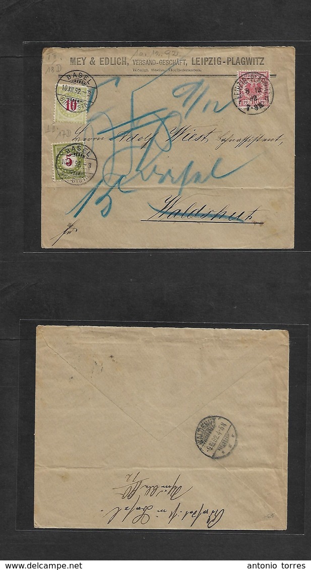 Switzerland. 1892 (8 Dec) Germany, Leipzig - Waldhut (10 Dec) Fwded Basel. Fkd + Taxed Envelope Comercial Bussines + 2 D - Other & Unclassified