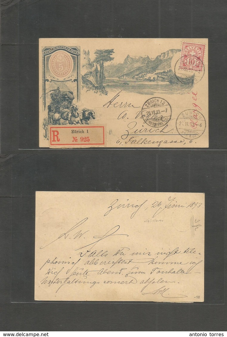 Switzerland - Stationery. 1893 (26 June) Zurich Local Registered 5c Red Illustrated Stat Card, Postal Carriage Comm Issu - Other & Unclassified