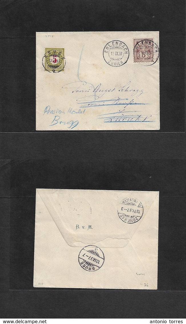 Switzerland. 1897 (13 Sept) Erlenbach - Brugg (13 Sept) Fkd Env 5c Lilac Cds + Arrival P. Due 5c, Cds. Fine Usage. - Other & Unclassified