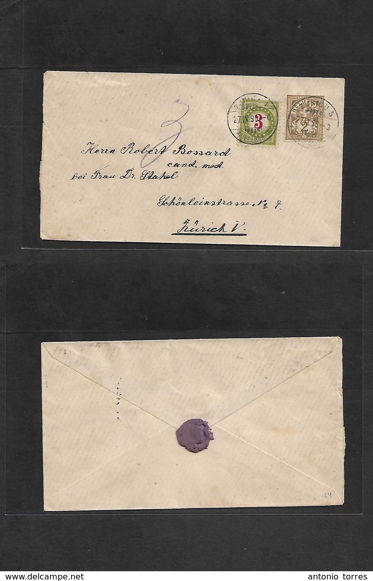 Switzerland. 1898 (27 Sept) Zurich5 - Zurich1. Fkd 2c Brown Envelope + Taxed "3" + Swiss P. Due Red / Apple Green, Tied  - Andere & Zonder Classificatie