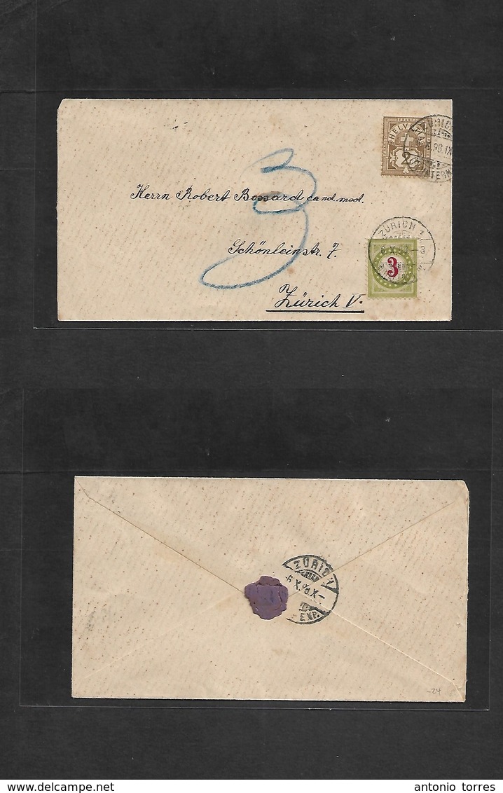 Switzerland. 1898 (6 Oct) Zurich - Zurich1. Local Fkd Env 2c Brown + Taxed 3c Swiss P. Due Red / Yellow Green, Tied Subo - Andere & Zonder Classificatie