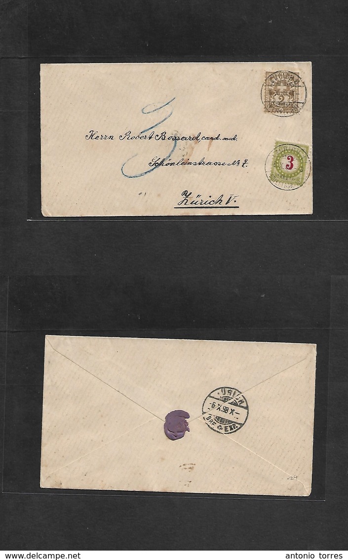 Switzerland. 1898 (6 Oct) Zurich 8 - Zurich 1. Local Fkd 2c Brown Envelope, Taxed + 3c Swiss P. Due, Tied Arrival Local  - Autres & Non Classés