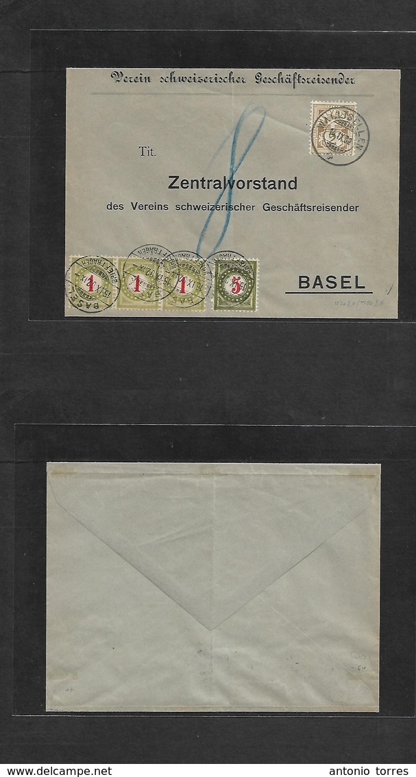 Switzerland. 1902 (14 Sept) Wallisellen - Basel (15 Sept) Fkd Bussiness Env 2c Brown, Tied Cds + Taxed + Arrival Postage - Andere & Zonder Classificatie