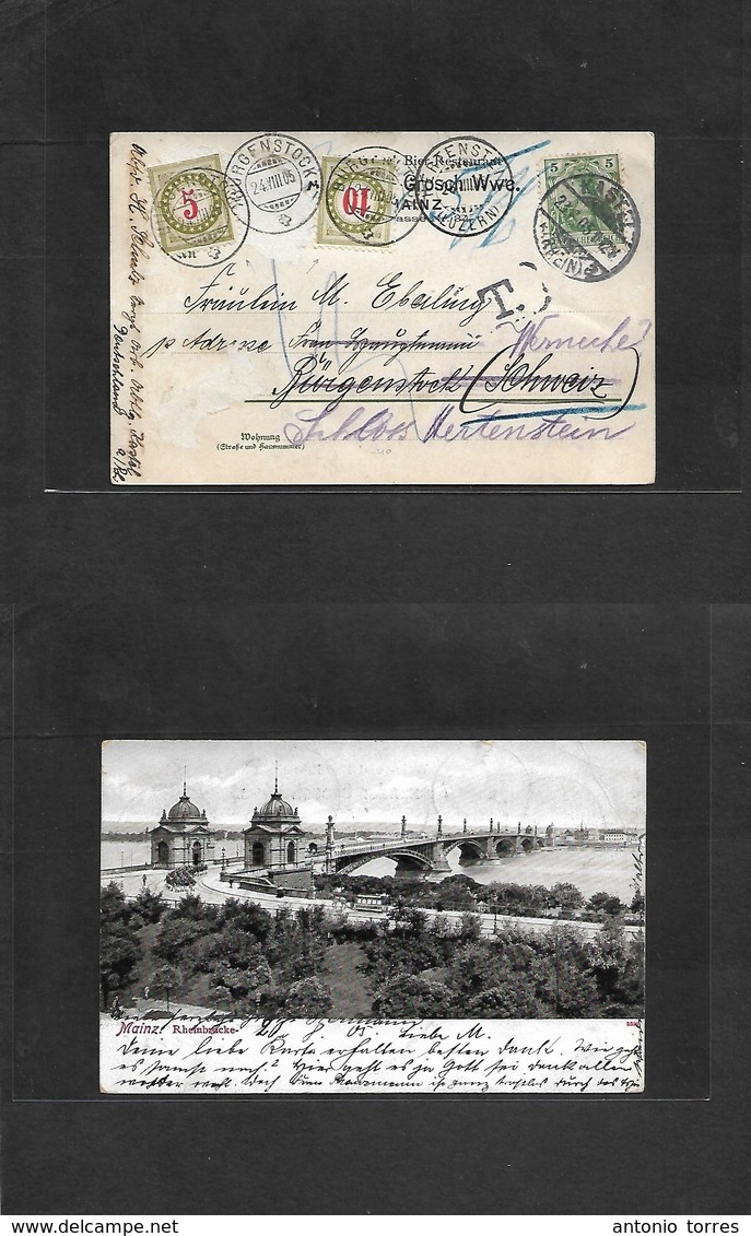 Switzerland. 1905 (23 June) Germany, Kastel - Burgenstock (24 June) Fkd Germania Ppc + Taxed + (x2) 5c + 10c Red / Green - Autres & Non Classés