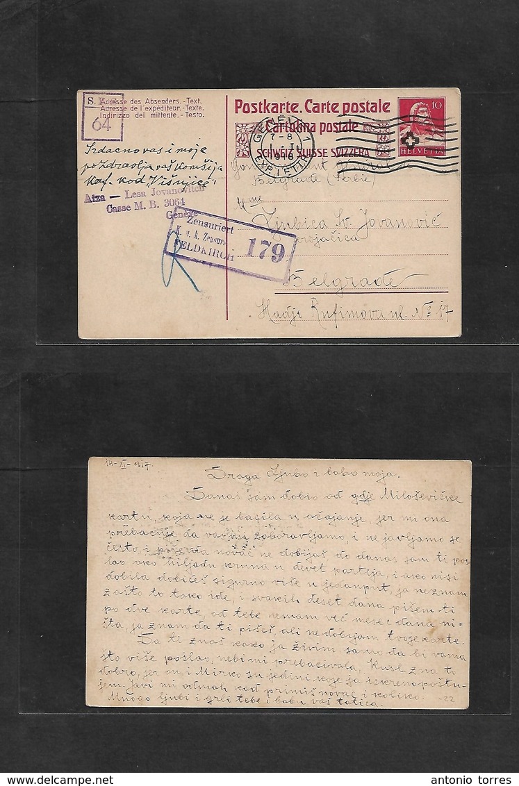 Switzerland. 1916 (1 Jan) Serbia Red Cross POW Mail. Geneva - Belgrade, Serbia. 10c Red Stat Card, With Registered Censo - Andere & Zonder Classificatie