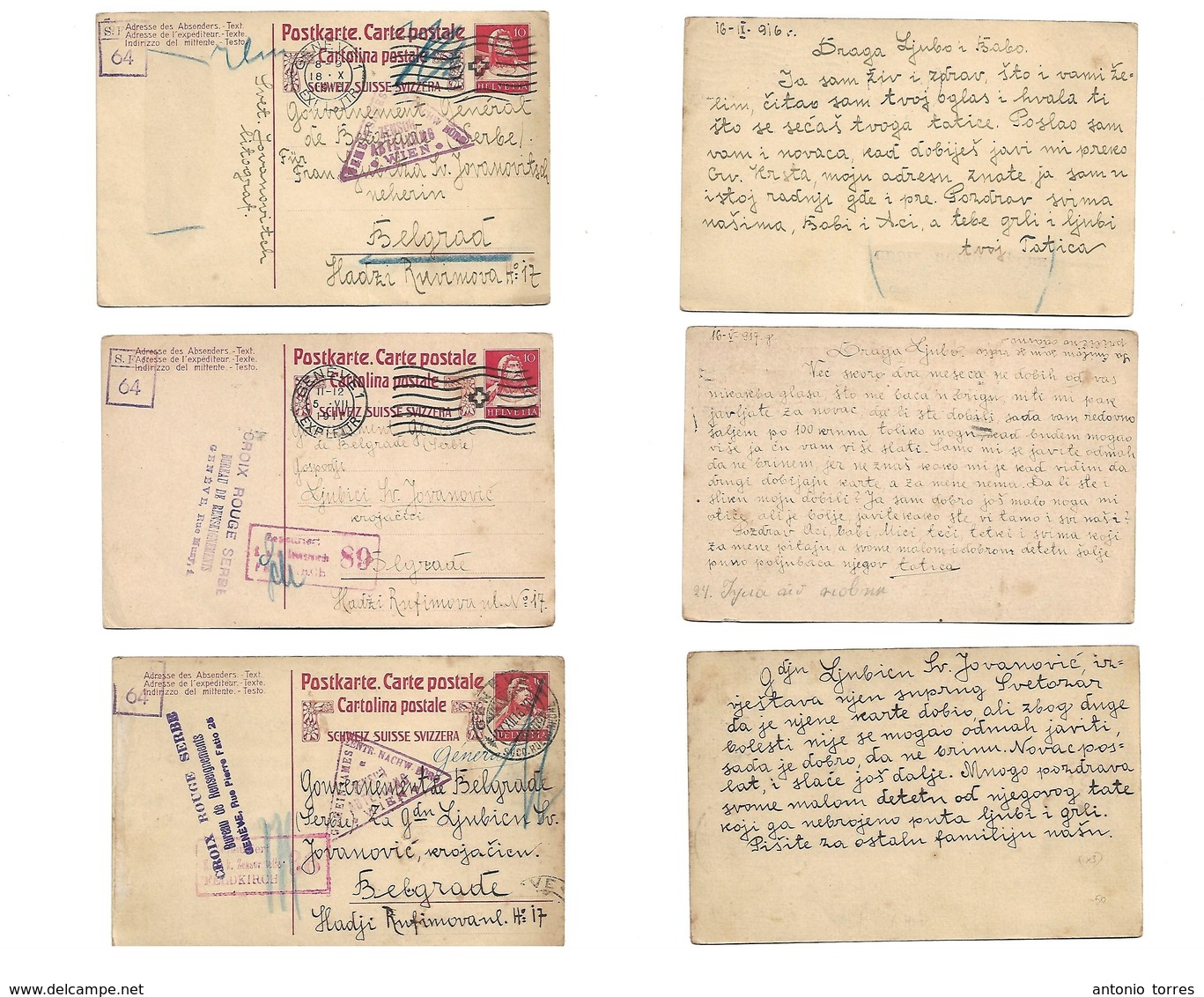 Switzerland. 1916-17. Serbia Red Cross POW Mail. Geneva Offices. 3 Swiss Stat Cards, Diff Censors, Addressed To Belgrade - Other & Unclassified