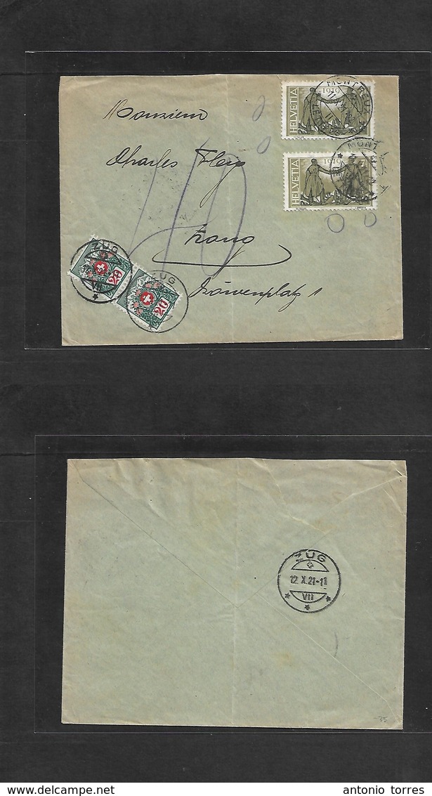Switzerland - Xx. 1921 (11 Oct) Montreaux - Zug (12 Oct) Multifkd Env, Invalid Stamps + Taxed (x2) Postage Lines, Tied.  - Autres & Non Classés