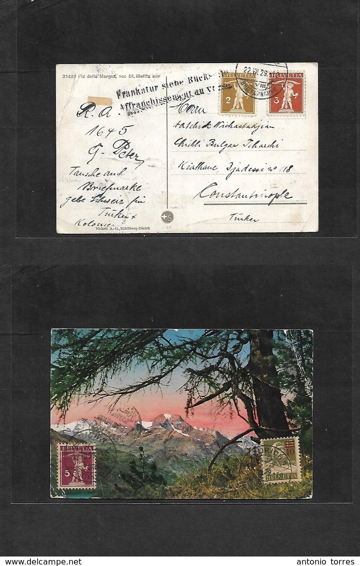 Switzerland - Xx. 1929 (22 July) St. Mortiz - Turkey, Constantinople. Multifkd Ppc + Reverse Also Fkg Cachet. Fine. - Autres & Non Classés