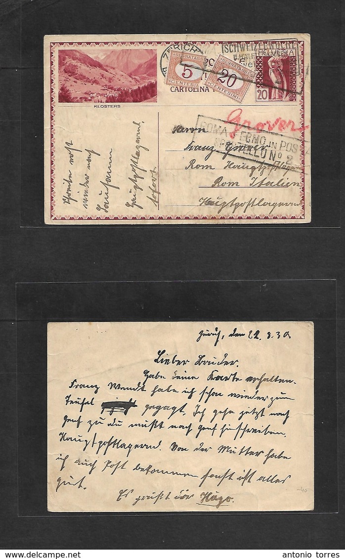 Switzerland - Stationery. 1930 (22 Aug) Zurich - Roma, Italy. 20c Red Stat Illustr Klosters Card + Taxed + (x2) Italian  - Autres & Non Classés