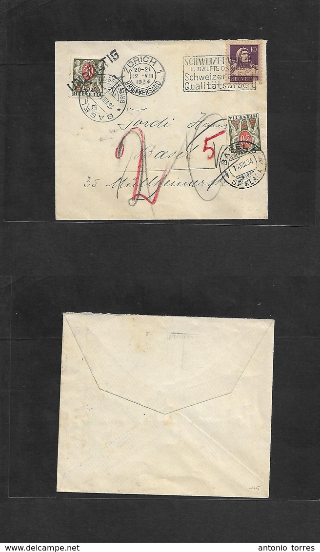 Switzerland - Xx. 1934 (12 Aug) Zurich - Basel. 10c Lilac Fkd Envelope + Doble Tax + 2 Diff Appliances Of Postage Dues ( - Other & Unclassified