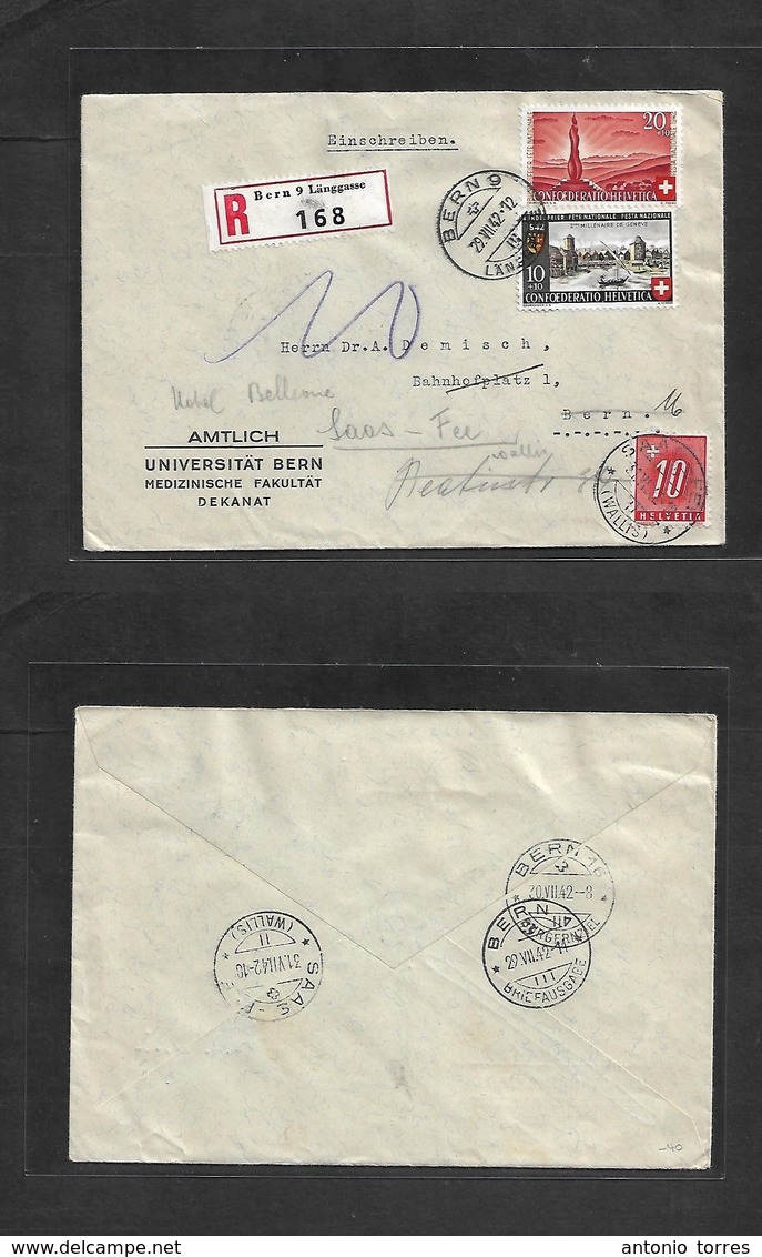 Switzerland - Xx. 1942 (29 July) Bern 9 Local Usage, Fwded To SaasFe. Registered Multifkd Env + Taxed Arrival 10c Red, A - Andere & Zonder Classificatie