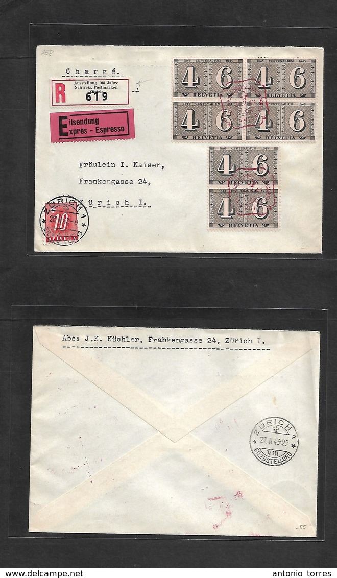 Switzerland - Xx. 1943 (Febr) 100 Year Exhibition. Local Zurich Registered Multifkd Envelope + Taxed Swiss P. Due 10c Re - Other & Unclassified