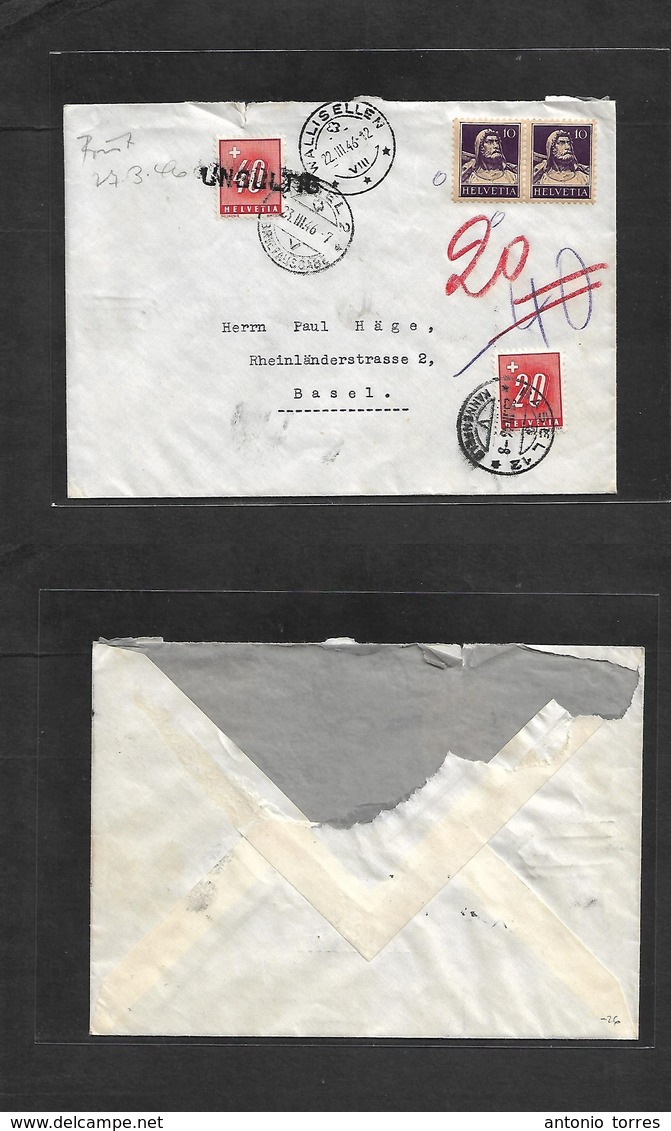 Switzerland - Xx. 1946 (22 March) Wallisellen - Basel (25 March) Fkd 10c Lilac Patria Pair, Invalid + Taxed + Arrival 40 - Other & Unclassified