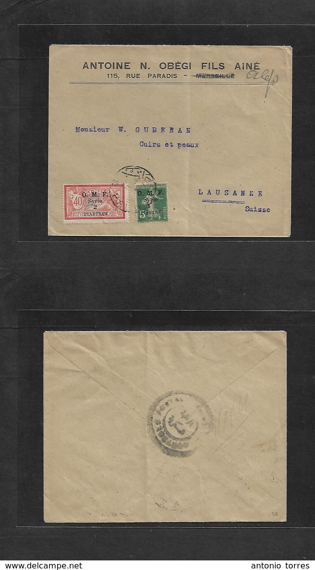 Syria. 1921 (29 July) Halep - Switzerland, Lausanne. Censor Cachet Reverse Multifkd Env, Bilingual Cachet. OMF Ovptd Val - Syrie