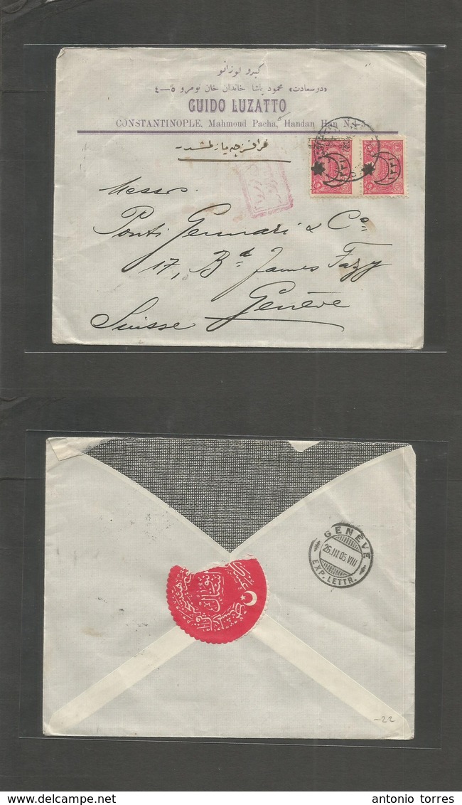 Turkey. 1905 (March 19) Istambul - Switzerland, Geneve (26 March) Multifkd Ovptd Issue Envelope. Bilingual Envelope. - Autres & Non Classés