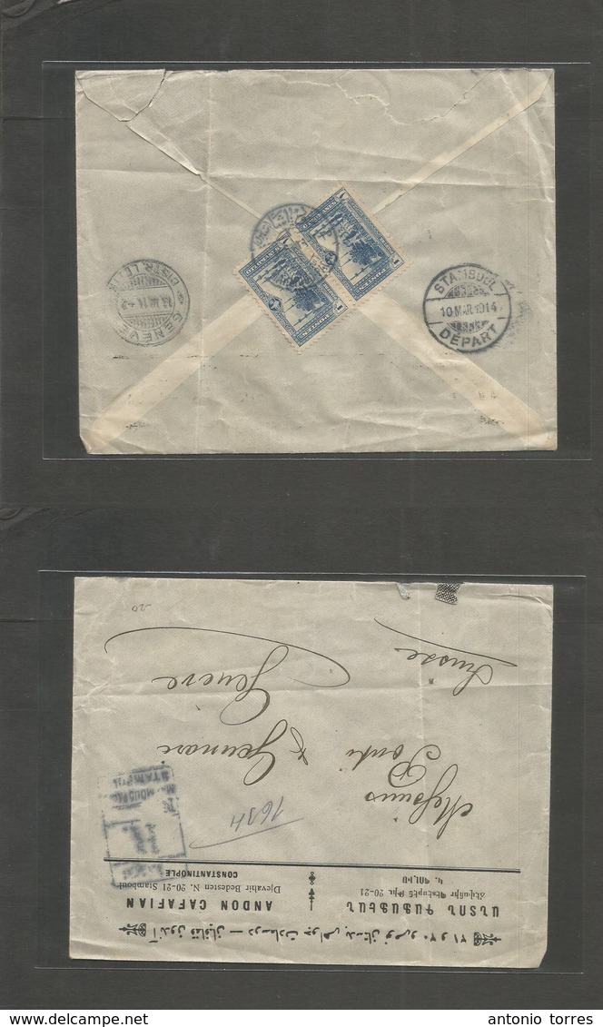 Turkey. 1914 (10 March) Istambul - Switzerland, Geneve (13 March) Reverse Registered Multifkd Env. Trilingual Printed En - Other & Unclassified
