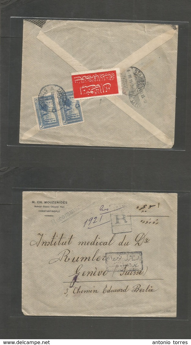 Turkey. 1915 (6 July) Istambul - Swtizerland, Geneve (4 July) Reverse Fkd Registered + Tied Censor Label. Fine. - Otros & Sin Clasificación