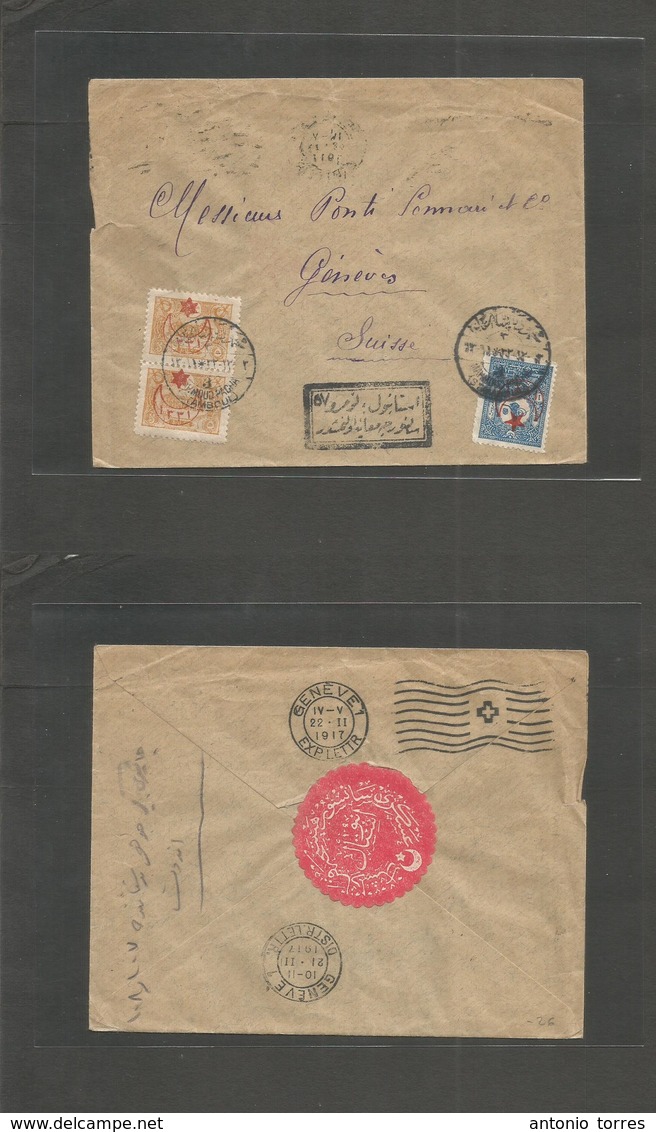 Turkey. 1917 (Feb) Istambul Mahmoud Pacha - Switzerland, Geneve (21-22 Febr) Censored Multifkd Ovptd Issue Env. VF. - Autres & Non Classés