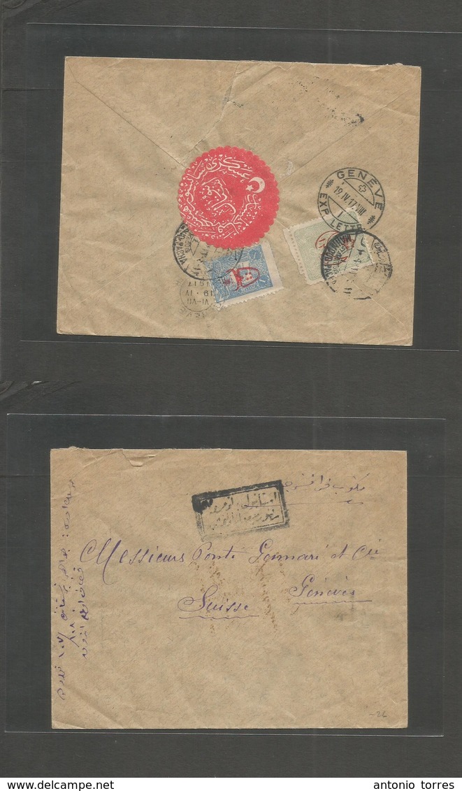 Turkey. 1917 (April) WWI Istambul, Mahmoud Pacha - Switzerland, Geneve (19 April) Mixed Ovptd Issues Envelope. Interesti - Autres & Non Classés