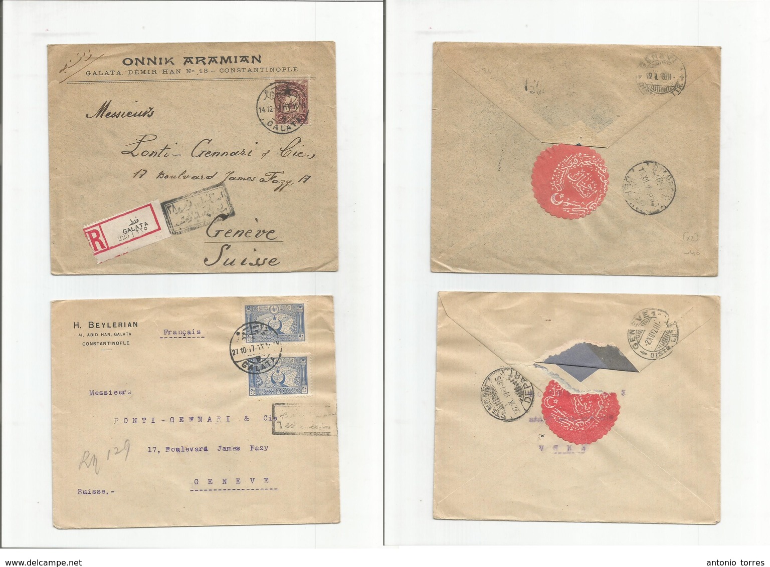 Turkey. 1917 (27 Oct - 14 Dec) Galata - Switzerland, Geneve (2 Dec And 19 Jan 19) Pair Of Registered Fine Covers. XF. - Autres & Non Classés