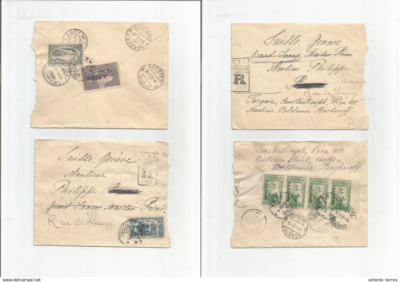 Turkey. 1922. Pera - Switzerland. Pair Of Registered Multifkd Covers. Ovptd Values. Interesting. - Andere & Zonder Classificatie