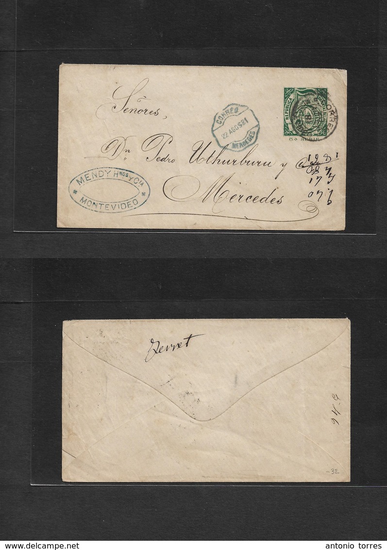 Uruguay. 1881 (20 Ago) Montevideo - Mercedes (22 Ago) 5c Green / Serie 3ª / Stationery Envelope. Fine Used. Arrival On F - Uruguay