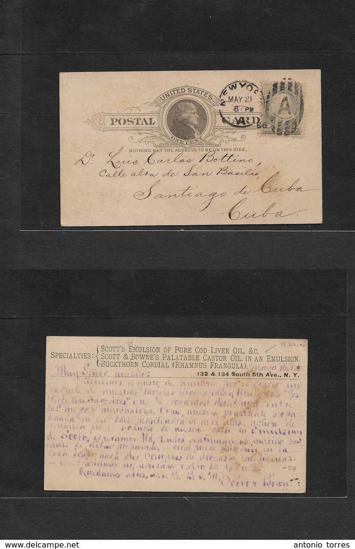 Usa - Stationery. 1888 (21 May) NYC - Cuba, Santiago. 1c Black Stat Card PRIVATE PRINT Reverse + 1c Blue Large ABN Adtl  - Other & Unclassified