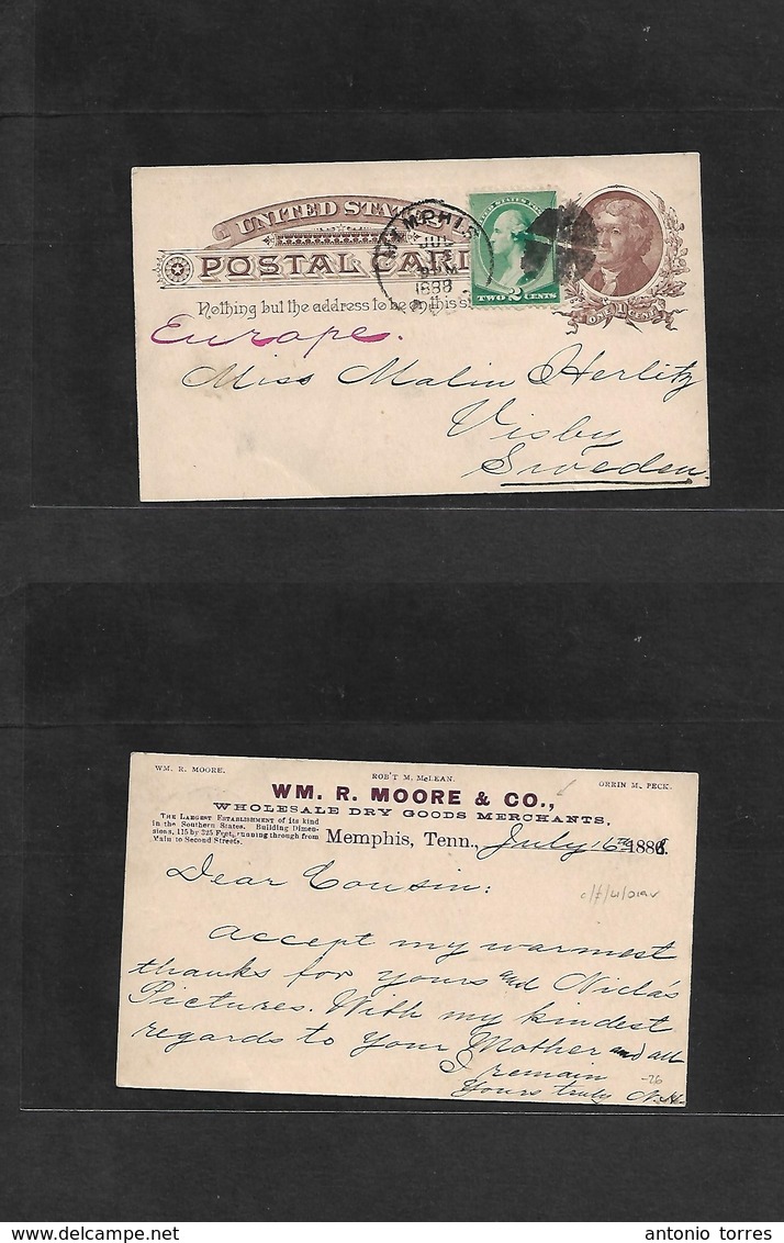 Usa - Stationery. 1888 (July 16) Memphis, Tenn - Sweden, Visley. 1c Brown Stat Card + 2c Green Adtl, Tied Cork + Cds. Pr - Other & Unclassified