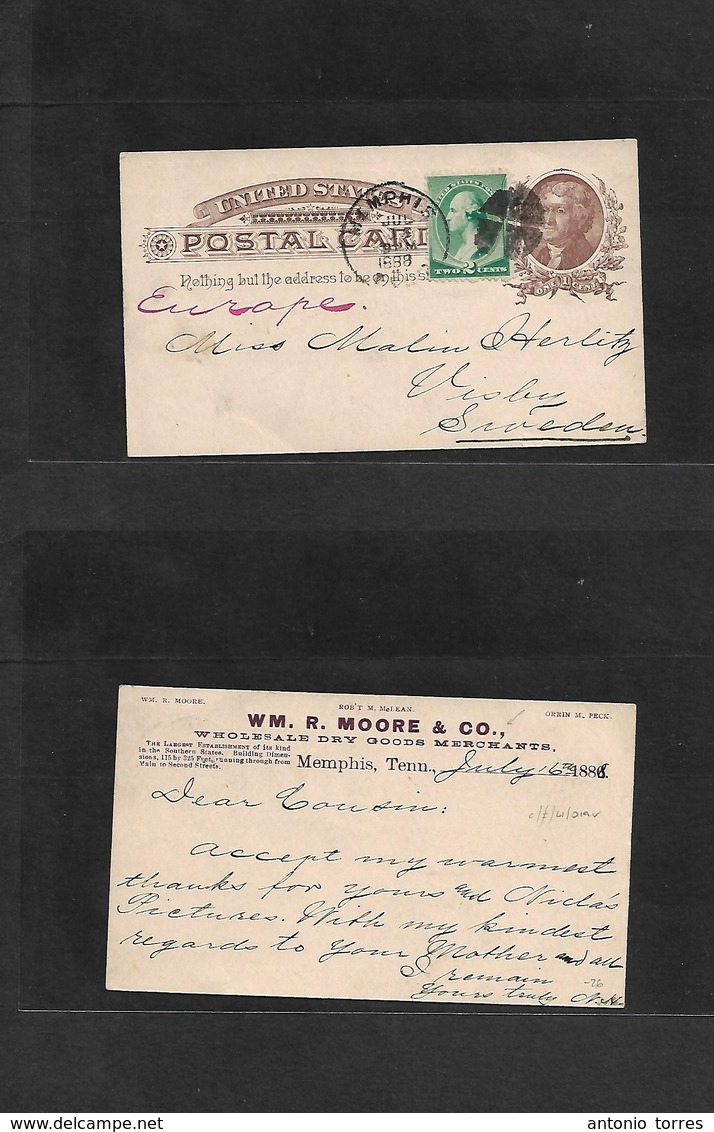 Usa - Stationery. 1888 (July 16) Memphis, Tenn - Sweden, Visley. 1c Brown Stat Card + 2c Green Adtl, Tied Cork + Cds. Pr - Andere & Zonder Classificatie