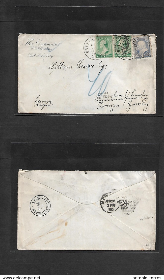 Usa. 1890 (Apr 14) Salt Lake City UTAH - Germany, Huttensteinach, Thuringen (4 May) Corner Printed Envelope Multifkd At  - Otros & Sin Clasificación