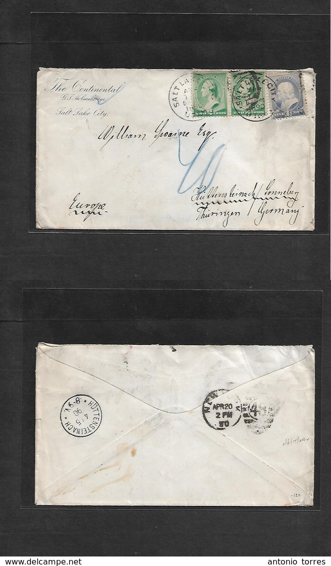 Usa. 1890 (Apr 14) Salt Lake City UTAH - Germany, Huttensteinach, Thuringen (4 May) Corner Printed Envelope Multifkd At  - Other & Unclassified