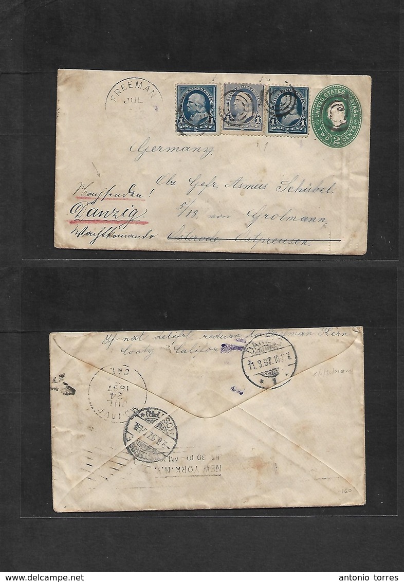 Usa. 1897 (July 17) Freeman, CA - Danzig, East Prussia (11 July) Via Mojave (24 July) - NYC Multifkd 2c Green Stat Env + - Otros & Sin Clasificación