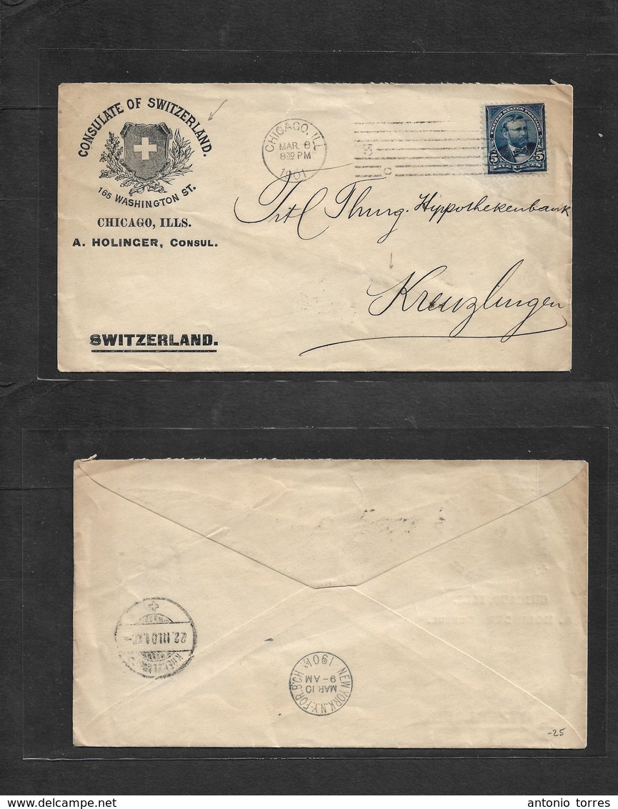 Usa. 1901 (8 March) Chicago - Switzerling, Kreuzlingen (22 March) Swiss Circulate Cover Printed Franked Envelope. Nice I - Autres & Non Classés
