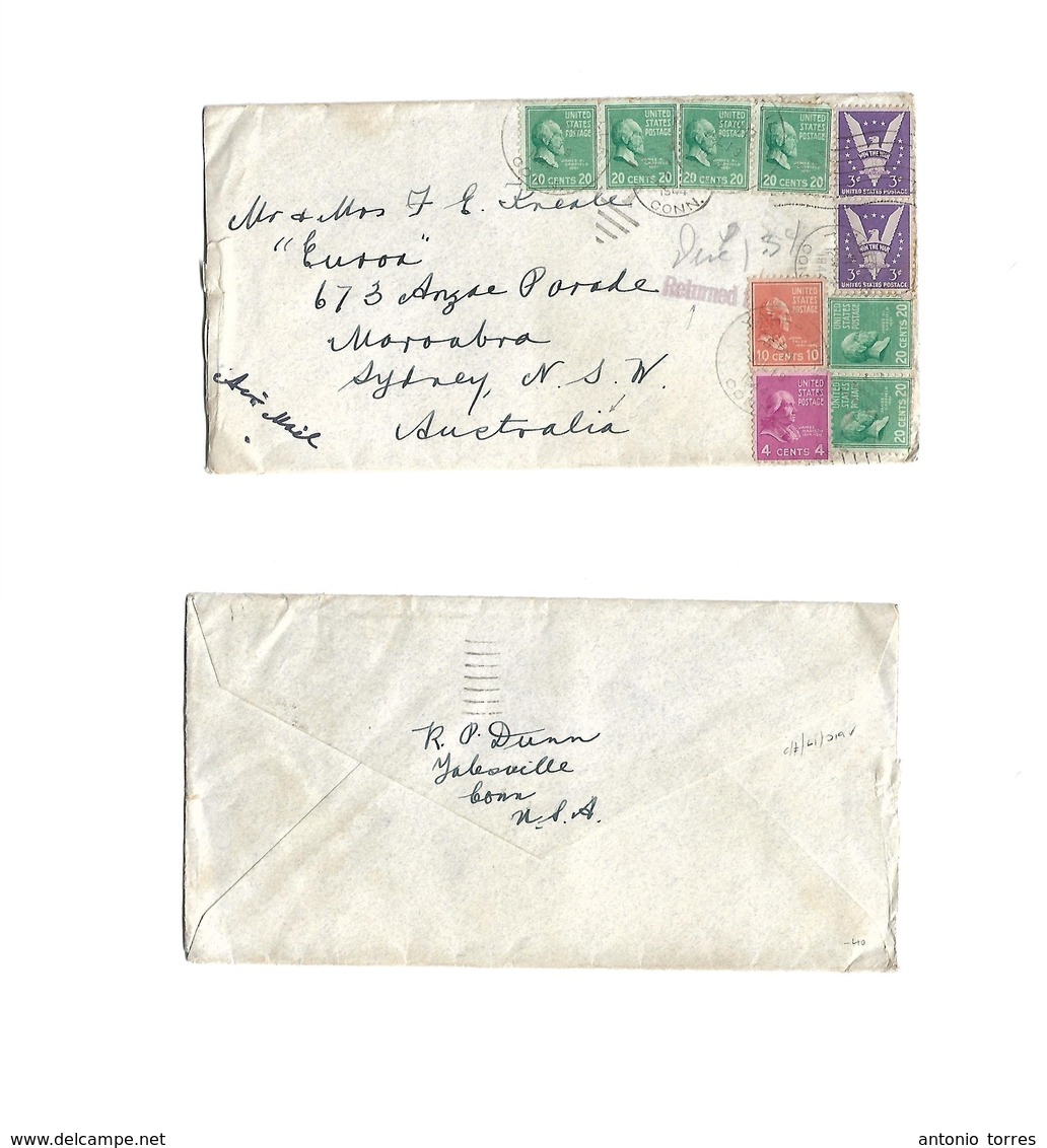 Usa - Prexies. 1944 (July) Yalesville, CT - Australia, Sydney, NSW "Held For Postage + Added" Multifkd Envelope Initiall - Autres & Non Classés