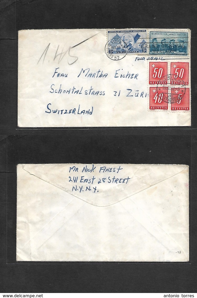 Usa - Xx. 1952 (2 Nov) NYC - Switzerland, Zurich (26 Nov) Fkd Env At 6c Rate, Taxed + Arrival Swiss Postage Dues 1,45 Fr - Other & Unclassified