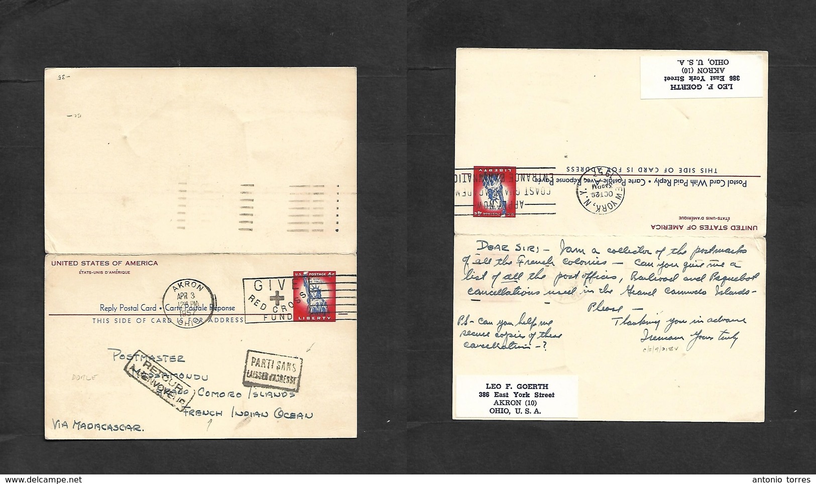 Usa - Stationery. 1957 (3 Apr) Akron, DH - COMORO Islands, French Indian Ocean, Via Madagascar + Retour Cachets. 4c USA  - Autres & Non Classés