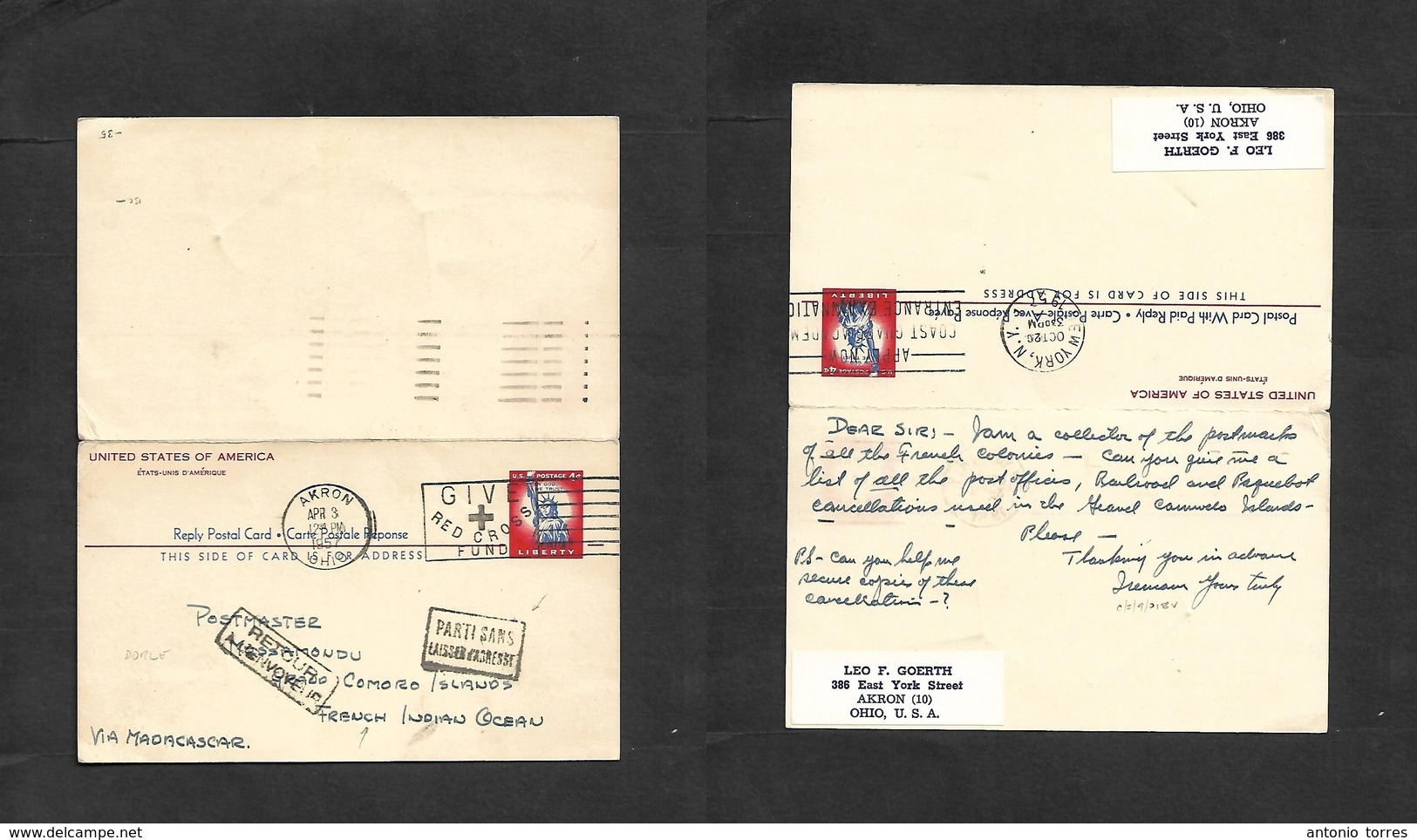 Usa - Stationery. 1957 (3 Apr) Akron, DH - COMORO Islands, French Indian Ocean, Via Madagascar + Retour Cachets. 4c USA  - Andere & Zonder Classificatie