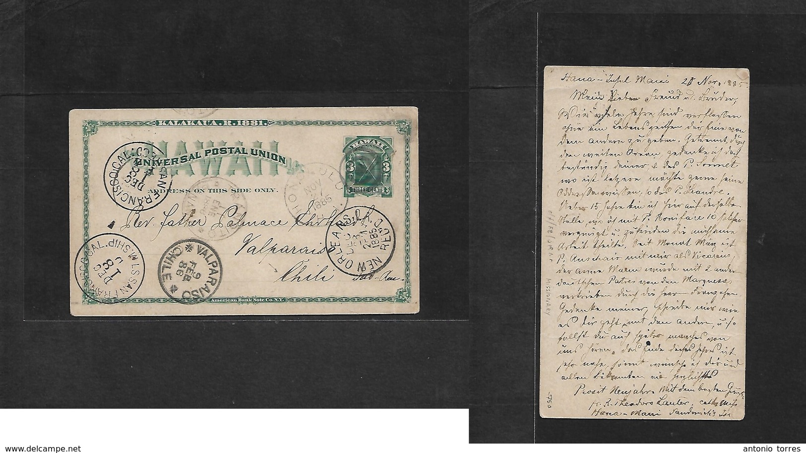 Usa - Hawaii. 1885 (20 Nov) Hana - Mani - Chile, Valparaiso (9 Feb) Via San Francisco - New Orleans - Panama. Missionary - Autres & Non Classés