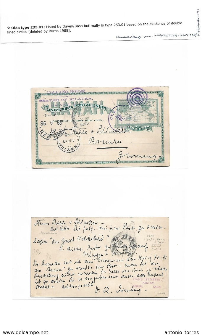 Usa - Hawaii. 1898 (27 July) OLAA - Germany, Bremen (28 Aug) 2c Green Stat Card, Missionary Mail, Volcano House, Crater  - Other & Unclassified