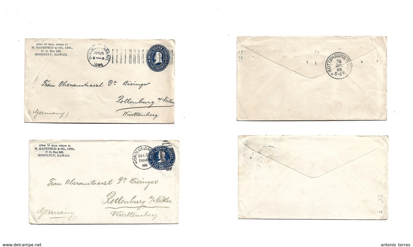 Usa - Hawaii. 1906 (June-Dec) Honolulu - Wurttemberg, Rottenburg. Pair Of Two Diff 5c Blue Private Corner Hackfeld Cº Pr - Autres & Non Classés