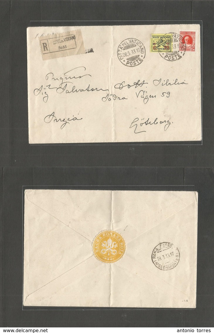 Vatican. 1933 (28 March) Citta - Sweden, Goteborg Via Roma. Registered Fkd Envelope. Includes Ovptd Issue. - Autres & Non Classés