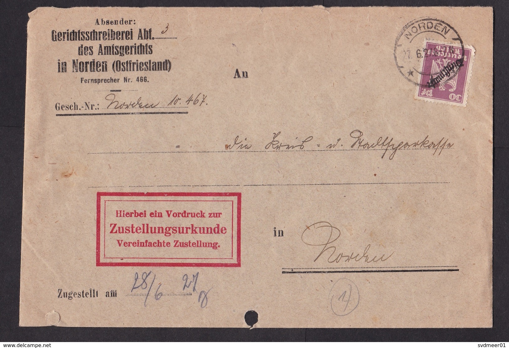 Germany: Official Cover, 1927, 1 Service Stamp, Overprint, Court Norden (damaged) - Lettres & Documents