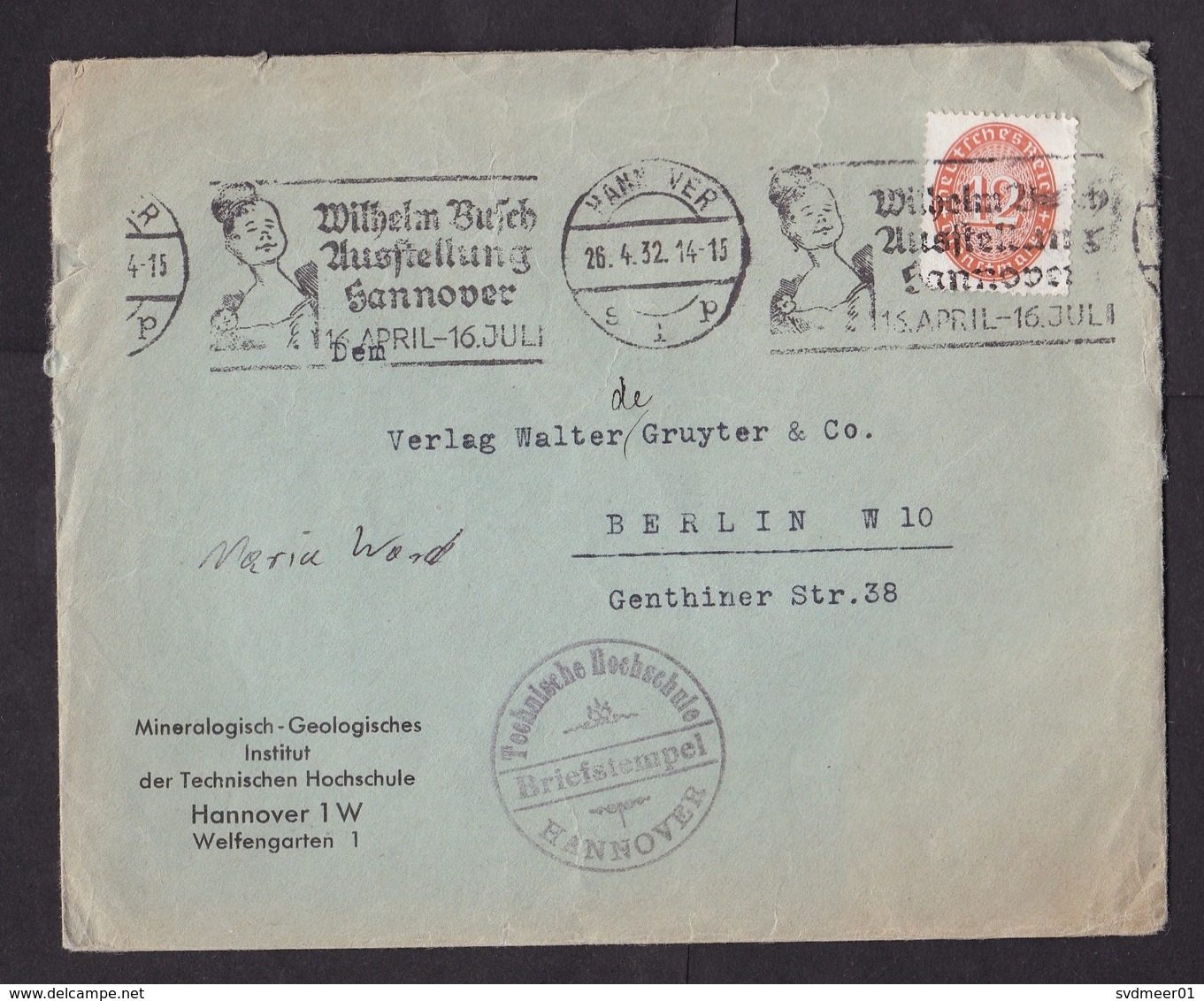 Germany: Official Cover, 1932, 1 Service Stamp, Mineral Geology Institute, Technical School Hannover (damaged) - Lettres & Documents